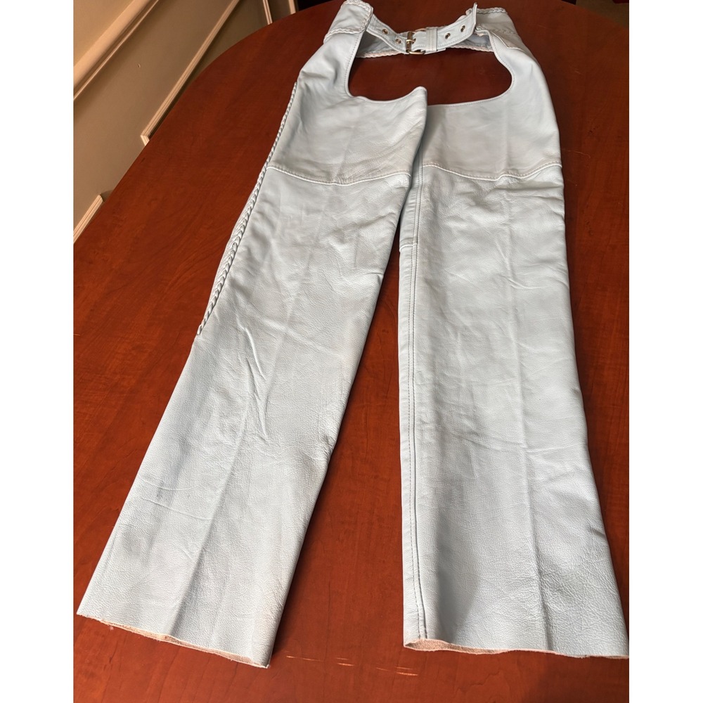 Hot Leathers Light Blue Leather Motorcycle Biker Chaps Braided Trim Women Medium